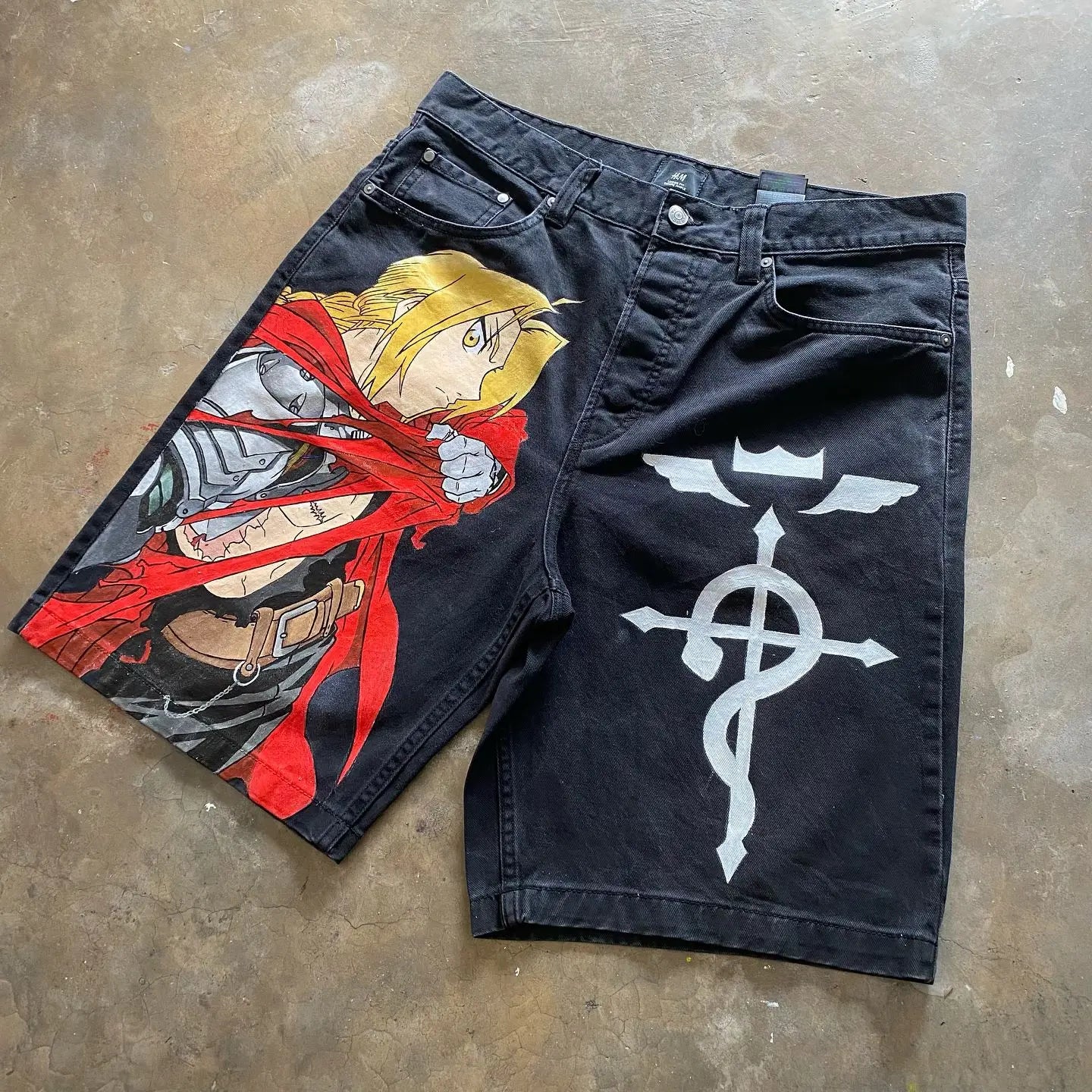 Japan Cartoon Anime Characters Graphic Print Hip Hop Denim Shorts Y2k Harajuku Retro Straight Jorts Streetwear Men Women Shorts