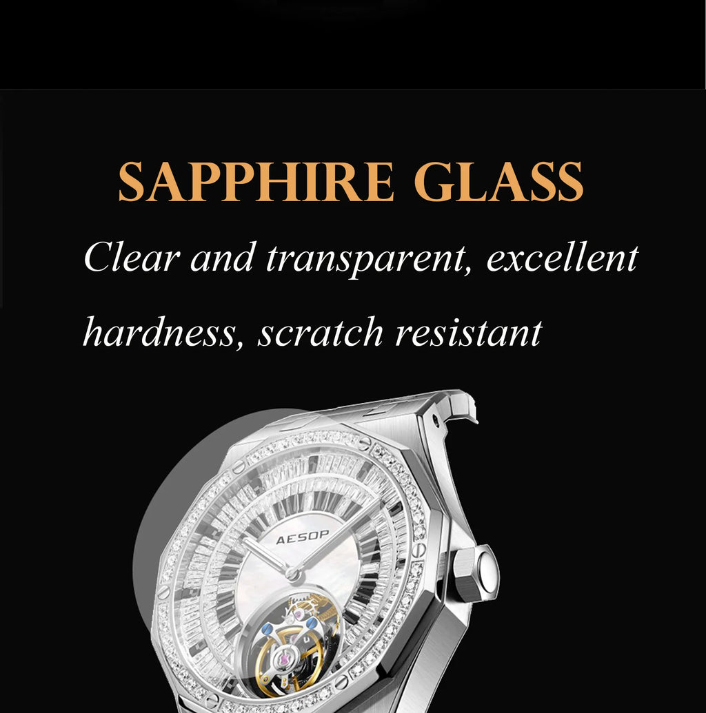AESOP Automatic Tourbillon Mechanical Skeleton Watch For Man Watches Waterproof Wristwatches Sapphire Mirror Diamond luxury new