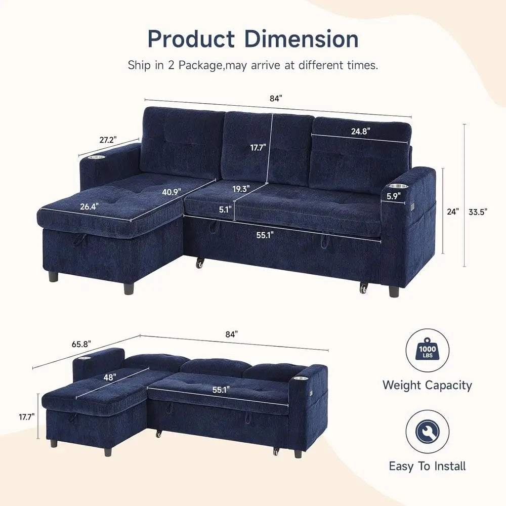 Pull-Out Chaise Sofa Bed with Storage, L-Shaped Cloud Couch, Sectional Living Room Furniture, Tool-Free Assembly, Chenille Fabri