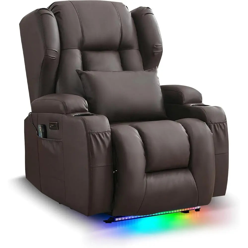 Brown Leather Power Reclining Sofa with Massage, Heat, LED Lights, USB Ports, Cup Holders & Side Pockets