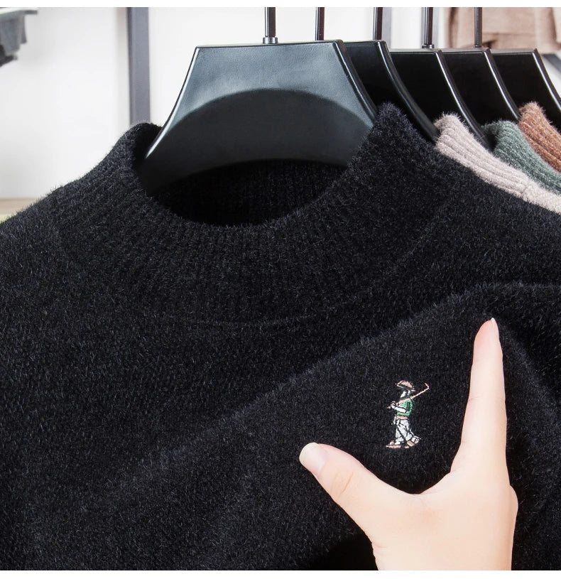 Luxury brand men's round neck knitted sweater fashion cartoon embroidery comfort warm plush autumn winter casual golf pullover