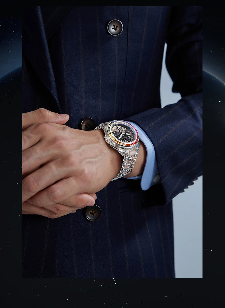 BONEST GATTI Luxury Skeleton Tourbillon Watch for Men K9 Crystal Case with Rainbow Bezel Automatic Mechanical Wristwatch