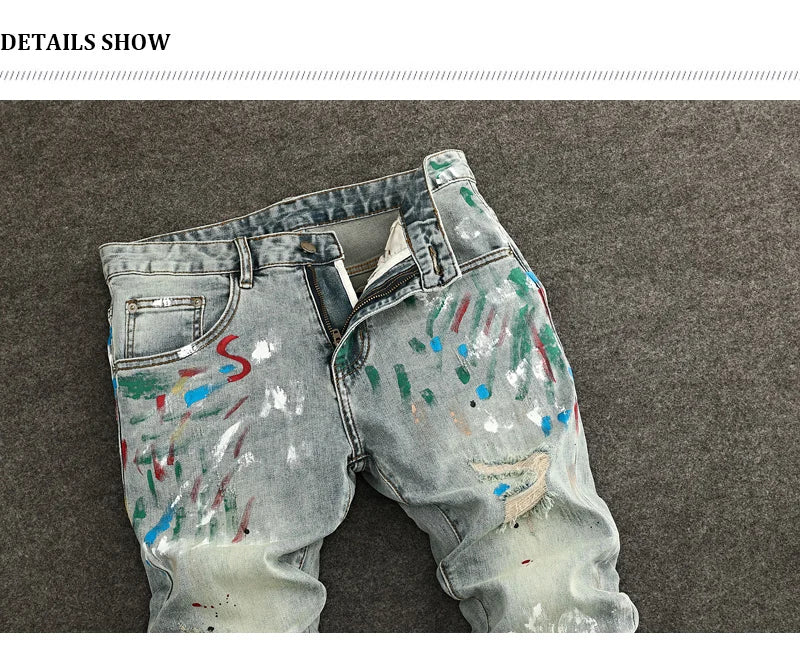 High Street Fashion Men Jeans Retro Washed Blue Stretch Slim Fit Ripped Jeans Men Painted Designer Vintage Denim Pencil Pants
