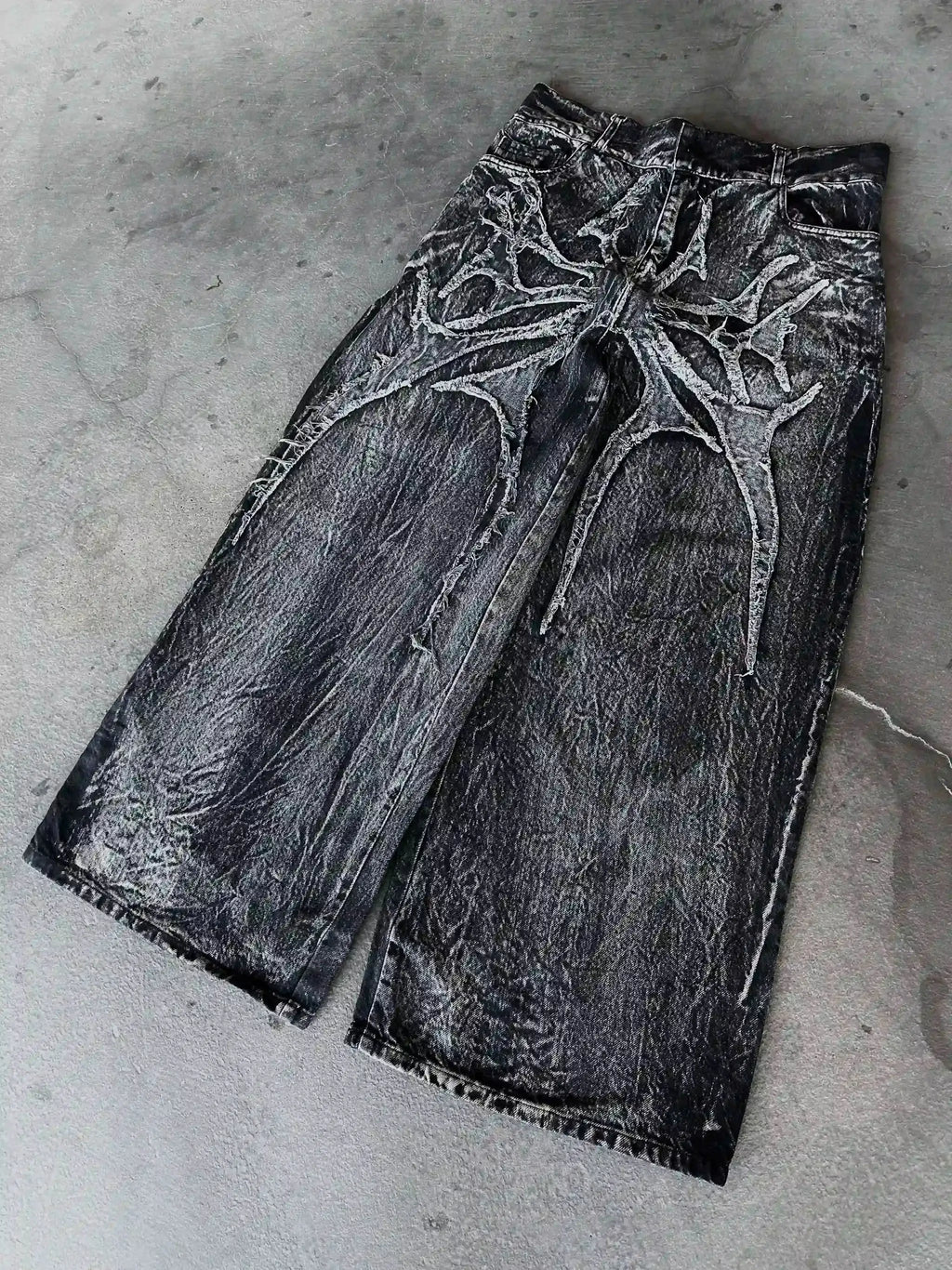 Goth Retro Men Baggy Unisex Short Pants Y2K Phantom Jeans High Street Spider Embroidered Patch Hip Hop Streetwear Straight Jeans