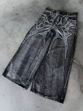 Goth Retro Men Baggy Unisex Short Pants Y2K Phantom Jeans High Street Spider Embroidered Patch Hip Hop Streetwear Straight Jeans