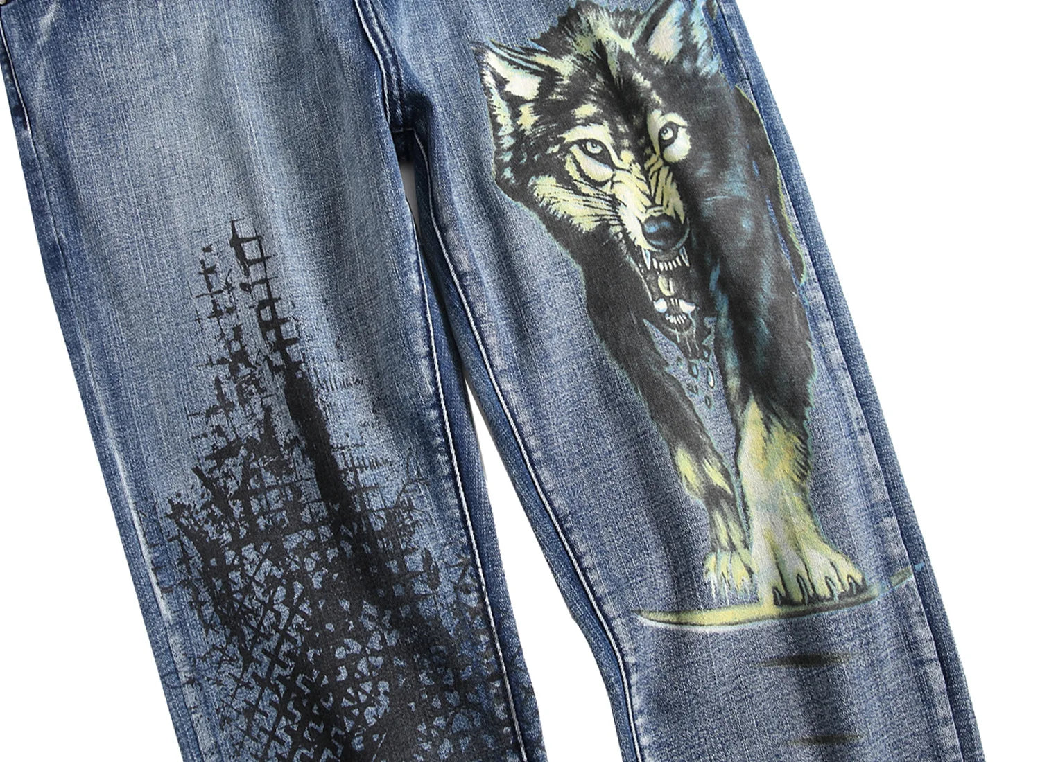 2026 Men's Blue 3D Printing Jeans, Black Wolf Pattern Printed Punk Straight Cotton Casual Print Denim Pants Asian Size 28-42