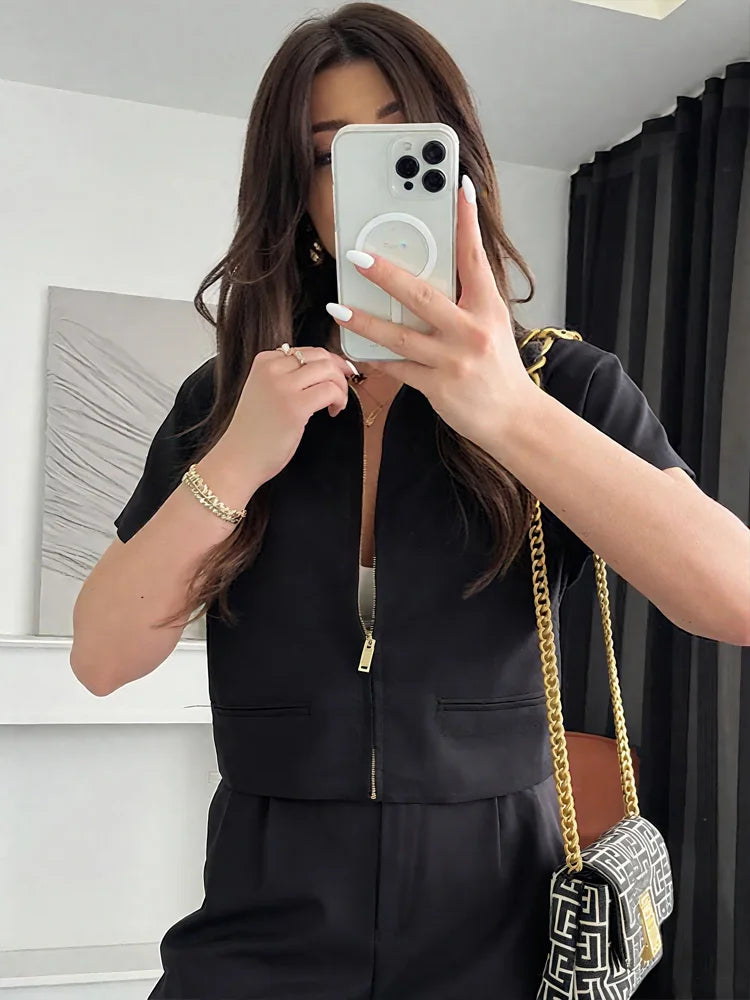 HXAO Cropped Women's Jackets With Zipper Outerwears Top Summer Crop Cardigan Short -Sleeved Female Jacket Black Short Coats