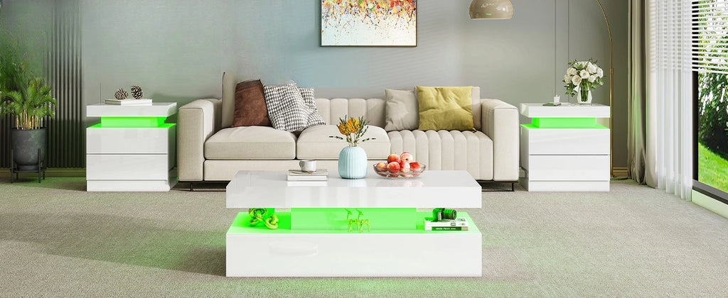 High Gloss 3 Pieces Living Room Table Set, Modern LED Coffee Table Sets of 3, 2-Tier Center Table with 2 End Side Tables, White