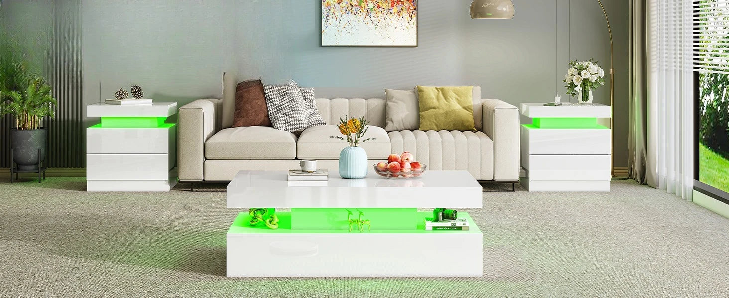 High Gloss 3 Pieces Living Room Table Set, Modern LED Coffee Table Sets of 3, 2-Tier Center Table with 2 End Side Tables, White