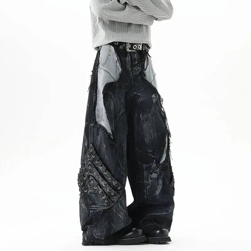 High Street Men's Denim Trousers Patchwork Contrast Color Drawstring Raw Edge Dirty-dying Worn-out Male Jeans New