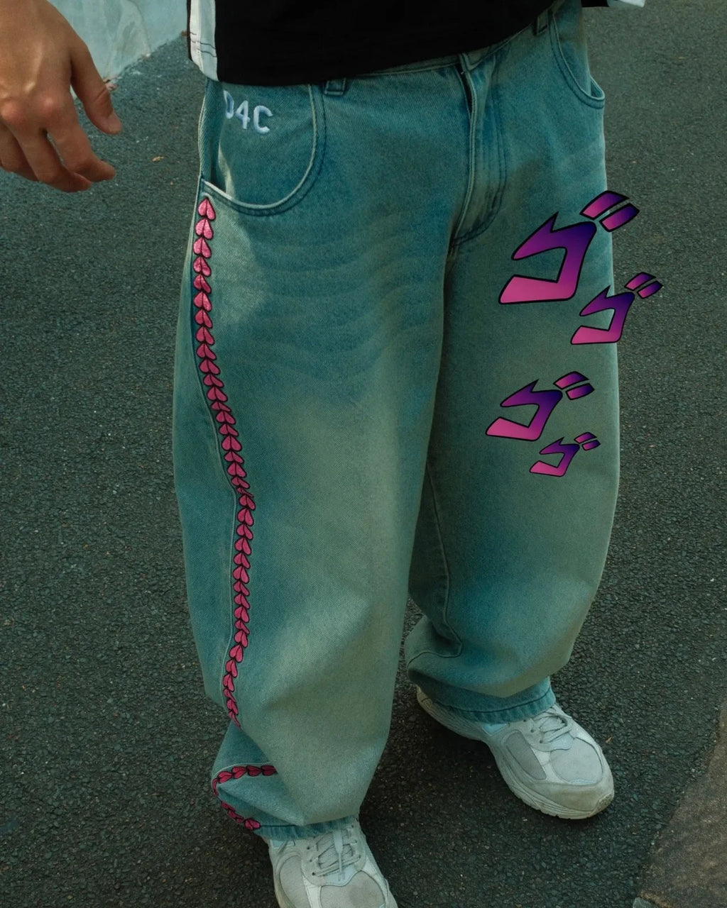 JoJo Anime Style High Waist Loose Jeans Men's and Women's Pink Heart Embroidered Loose Street Denim Pants