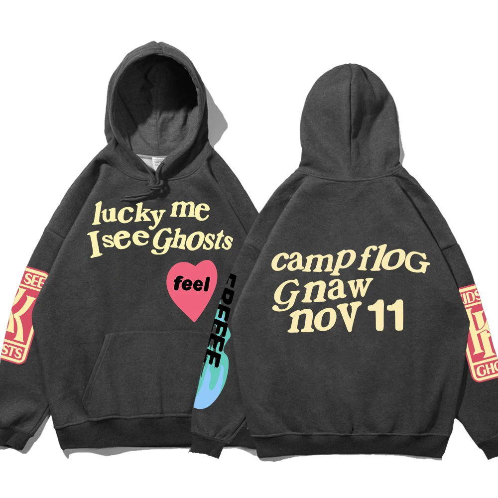 Graffiti Letter Printed Loose Hooded Kanye Sweatshirts Men Oversized Fleece Luck Me I See Ghosts Hoodie Unisex Pullover Hoody
