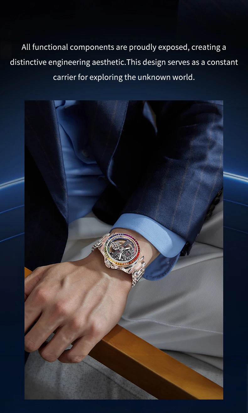 BONEST GATTI luxury Full Skeleton Automatic Mechanical Watch Sapphire Back 48 Rainbow Diamonds Luminous Luxury Wristwatch Men