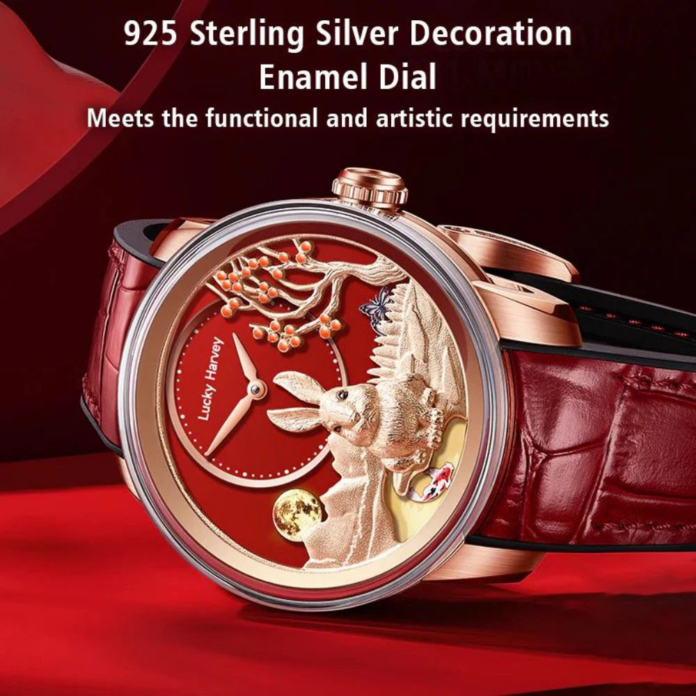Lucky Harvey Limited Edition Automatic Mechanical Watches for Men Cute 3D Rabbit Dial Synthetic Sapphire Waterproof Wrist Watch