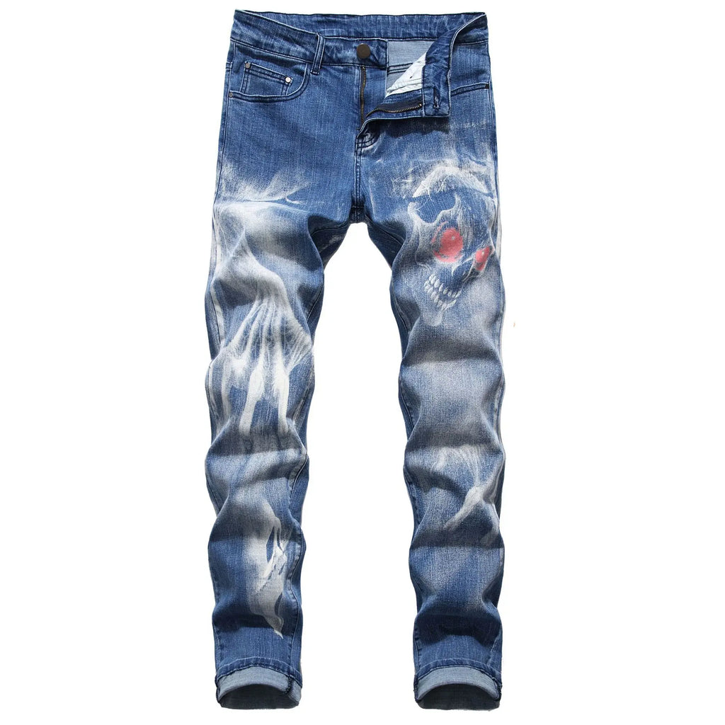 2026 Men's Blue 3D Printing Jeans, Black Wolf Pattern Printed Punk Straight Cotton Casual Print Denim Pants Asian Size 28-42