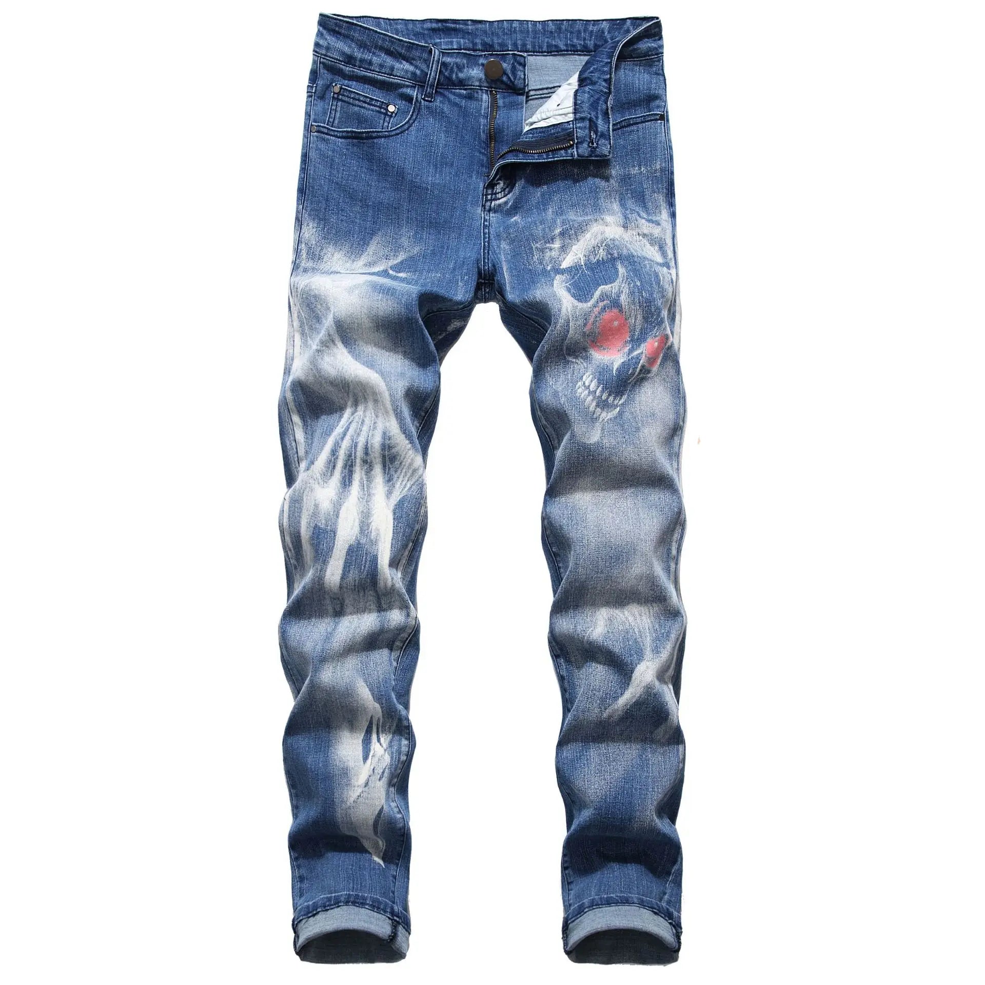 2026 Men's Blue 3D Printing Jeans, Black Wolf Pattern Printed Punk Straight Cotton Casual Print Denim Pants Asian Size 28-42