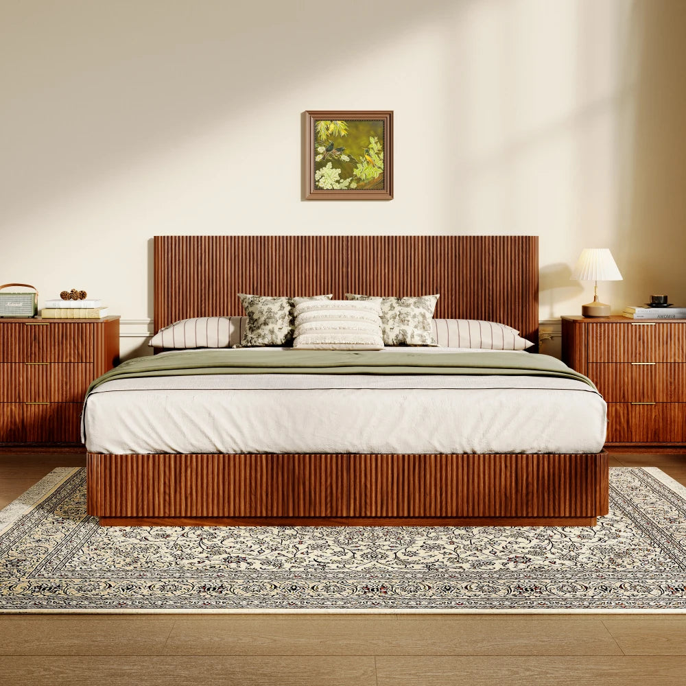 Kind Size Bed Frame with LED Lights, Modern Wooden Corrugated Curved Lines, Convex Groove Board Design, Walnut.