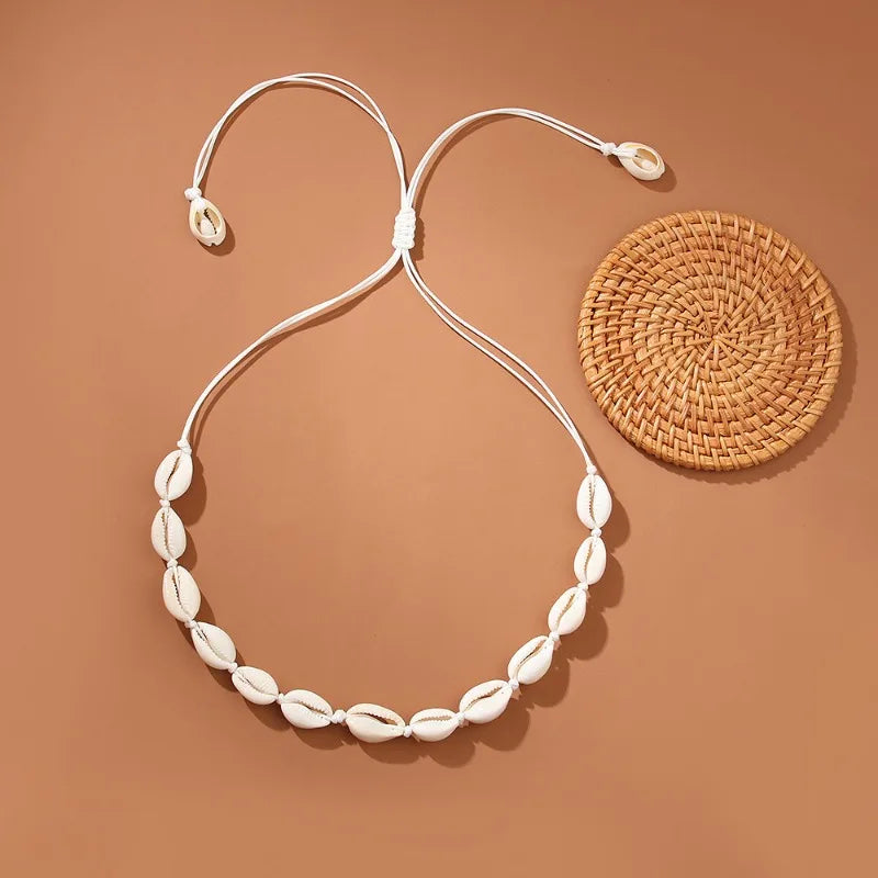 Coastal Stackables Set Adjustable Shell Pendant Necklace Handwoven Rope Bracelet Boho Beach Vacation Jewelry Gift