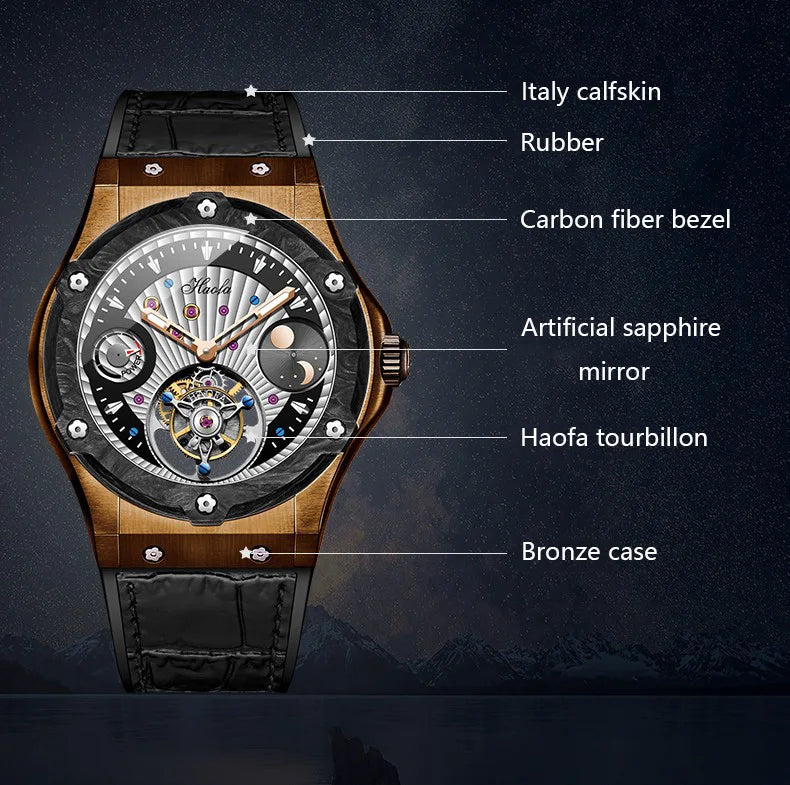 Haofa Manual Tourbillon Movement Watch for man Sapphire Mechanical Bronze Case Carbon Fiber Bezel Mens Watch Day And Night 1915T