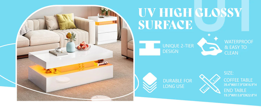 High Gloss 3 Pieces Living Room Table Set, Modern LED Coffee Table Sets of 3, 2-Tier Center Table with 2 End Side Tables, White