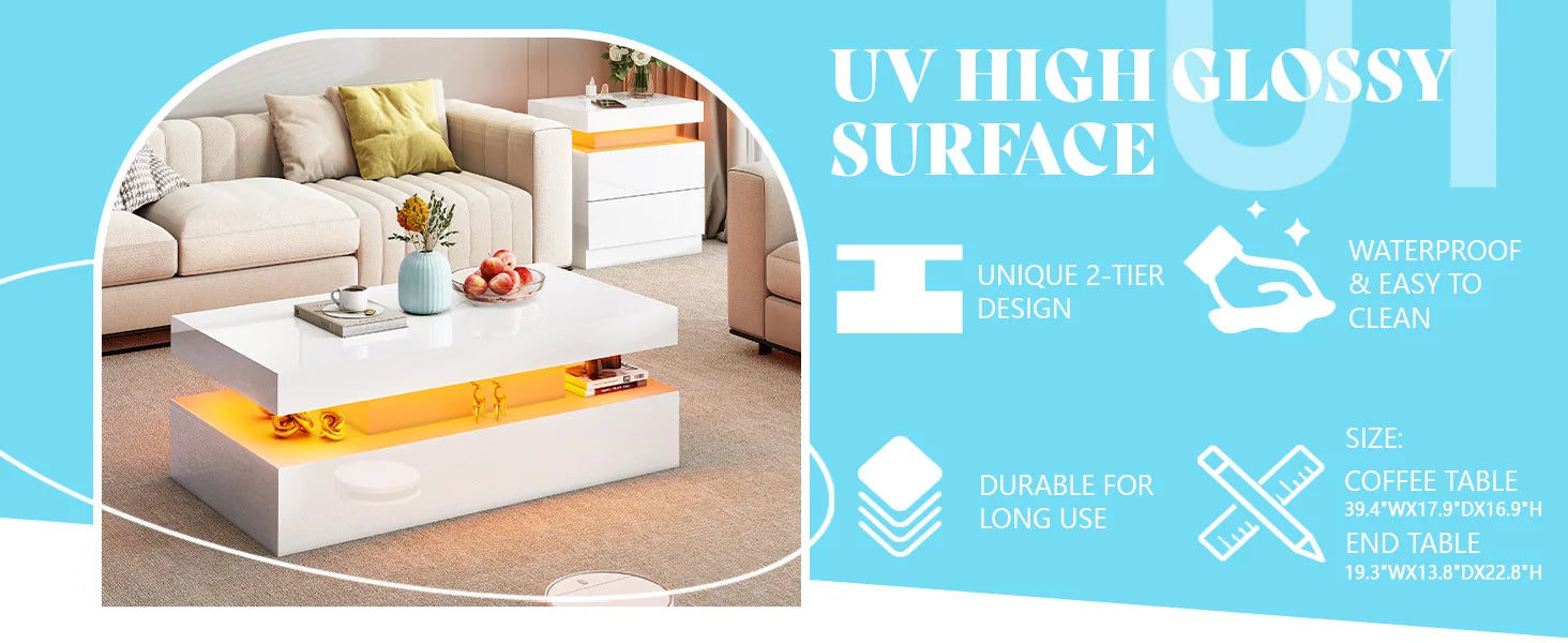 High Gloss 3 Pieces Living Room Table Set, Modern LED Coffee Table Sets of 3, 2-Tier Center Table with 2 End Side Tables, White