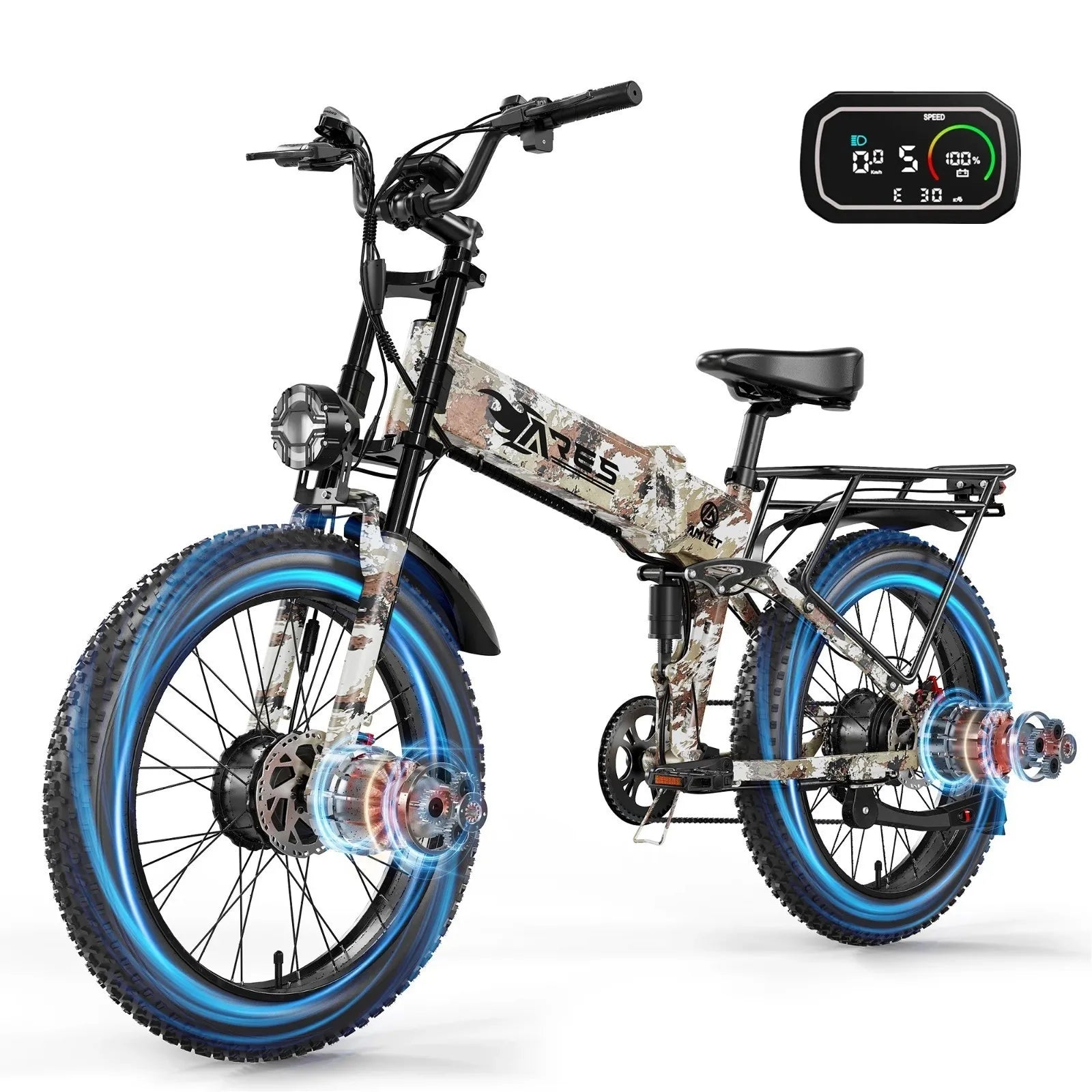 Electric Bike 2000W 52V 25AH AWD Dual Motor Folding E-bike 24" Fat Tire US