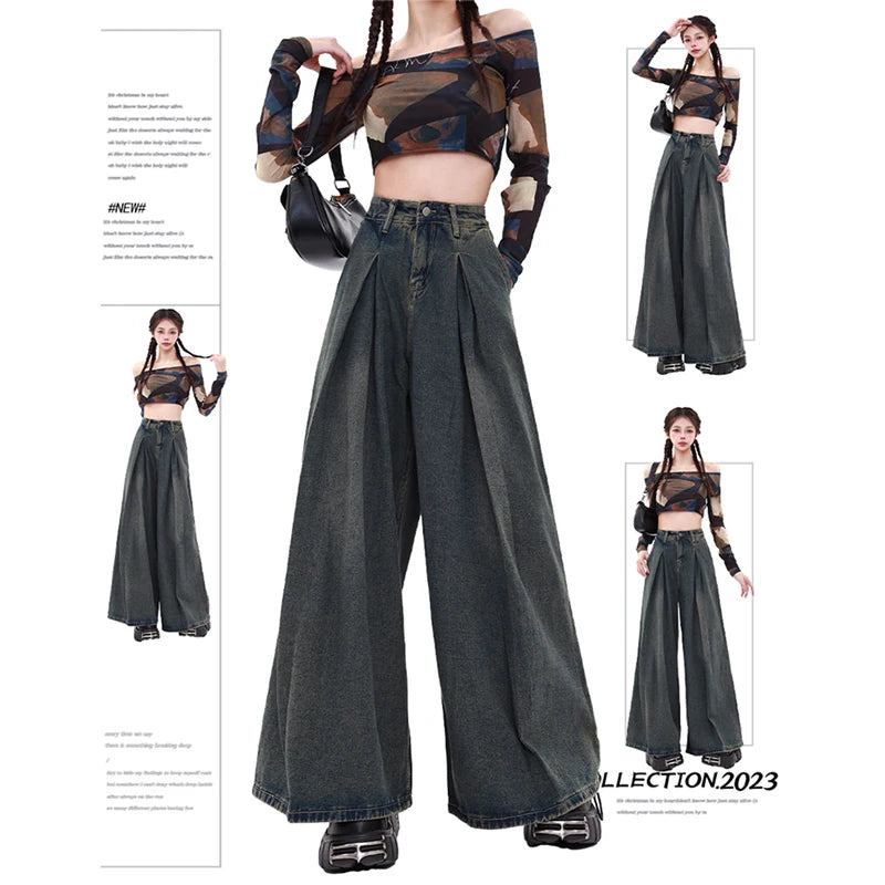 Women's Blue Y2k Jeans Baggy Harajuku Aesthetic Streetwear 2000s Trashy Oversize Denim Trousers Loose Jean Pants Vintage Clothes