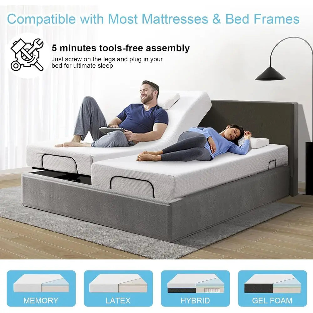 Ergonomic Split King Adjustable Bed Base with Massage, Wireless Remote, LED Light, USB Ports, Easy Assembly
