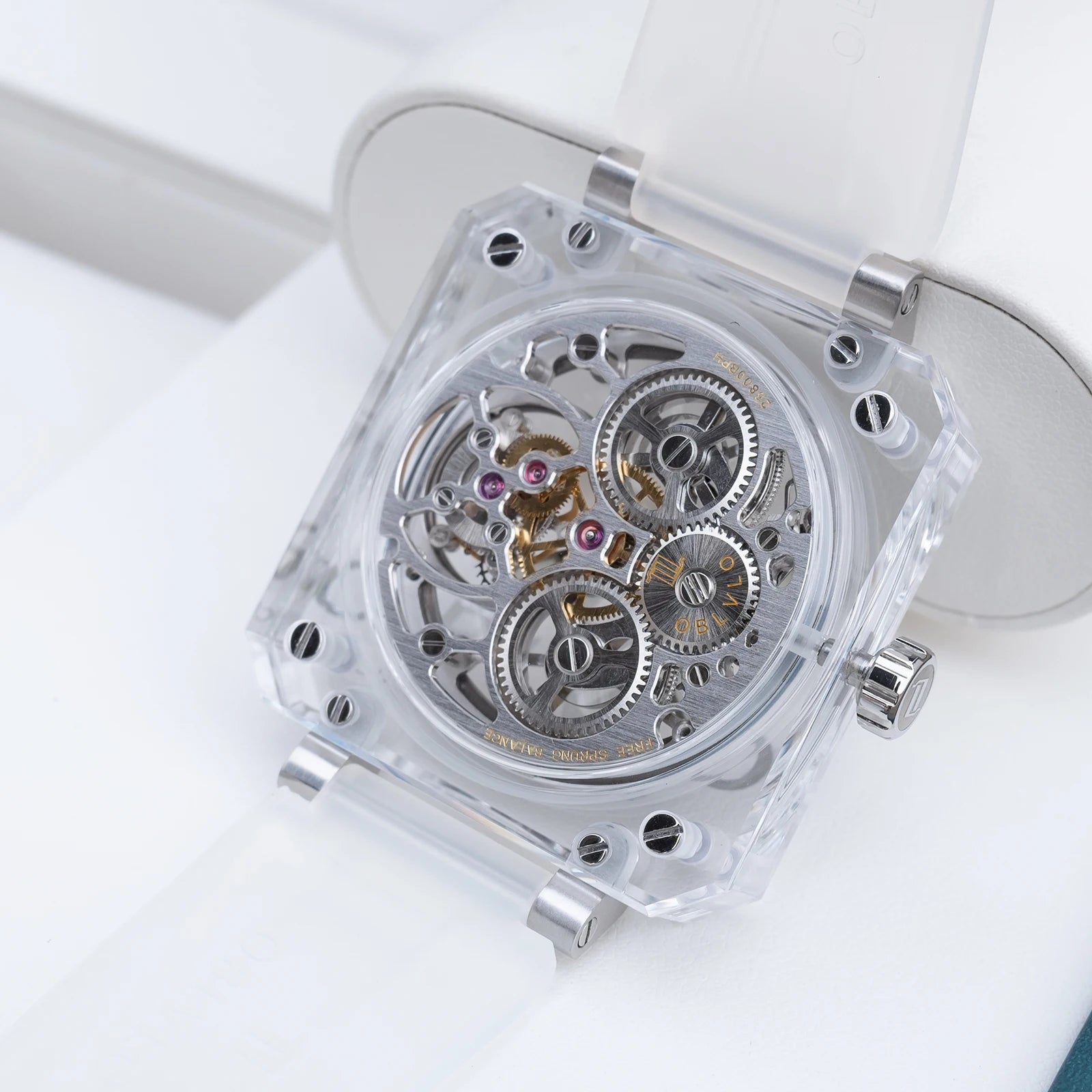 OBLVLO Men's Blue Skeleton Dial Tourbillon Automatic Watch Transparent Square Analog Display And Hollow-out Design BR-TB