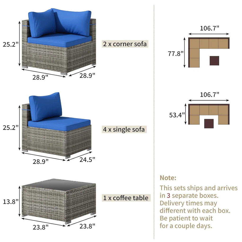 7 Piece Patio Furniture Set, Outdoor Wicker Patio Sofa Set, PE Rattan Sectional Couch with Glass Table and Blue, Customized