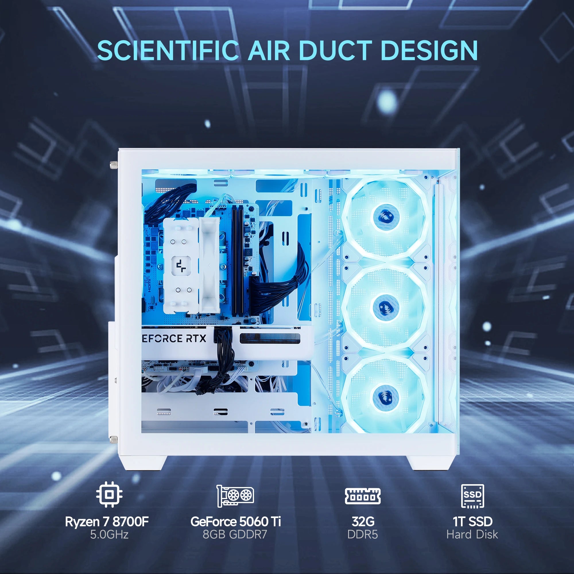 MLOONG Gaming PC Desktop, AMD Ryzen 7 8700F, GeForce RTX 5060Ti 8GB, 32GB DDR5 RAM, 1TB NVME SSD, 650W PSU, Windows 11 Home 64-b
