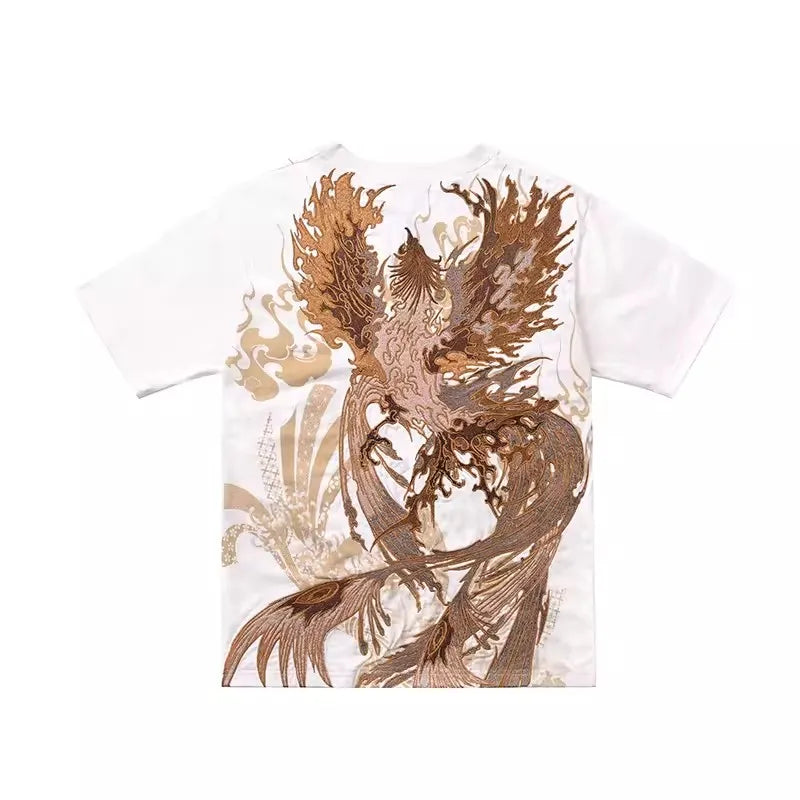Black White Yokosuka Phoenix Suzaku Embroidered T Shirt Tops High Street Hip Hop Vintage Casual Men Boys Cotton Sweatshirt