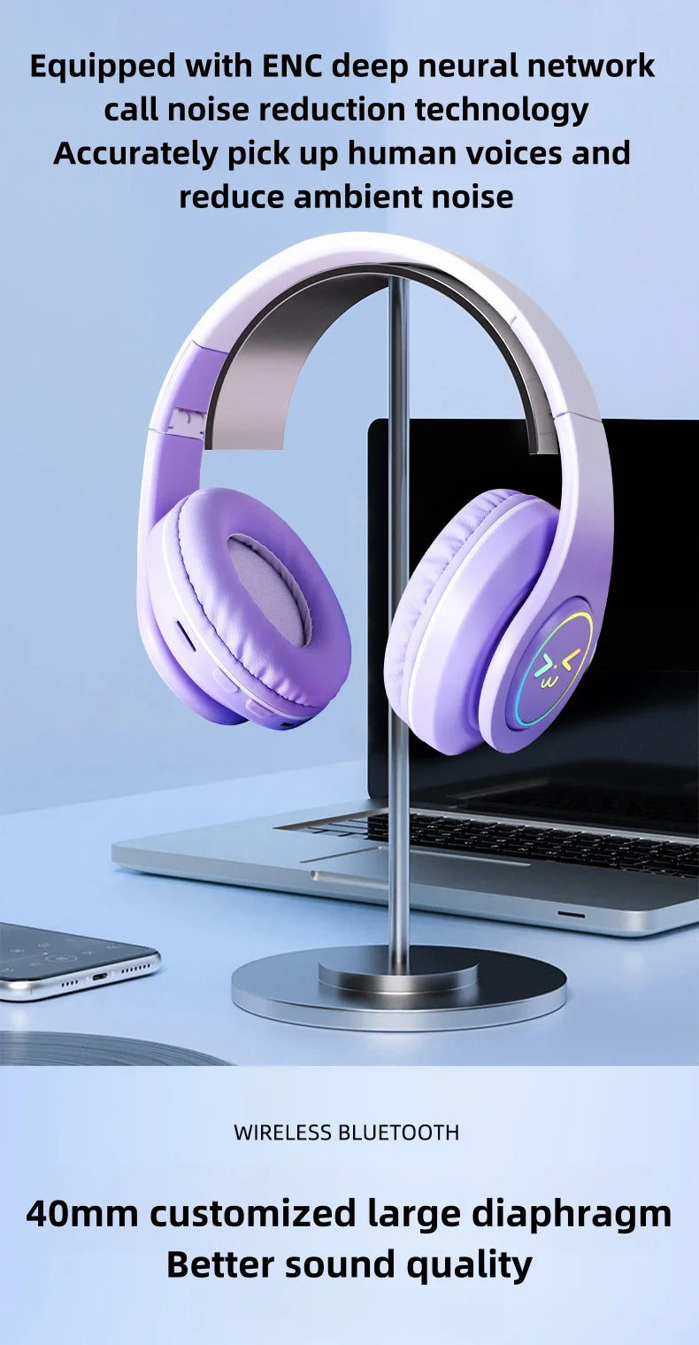 Original Wireless Bluetooth Headphones for Computer RGB Glowing Smiley Face Noise Reduction Gaming Headset Gamer Girl Bass Sport