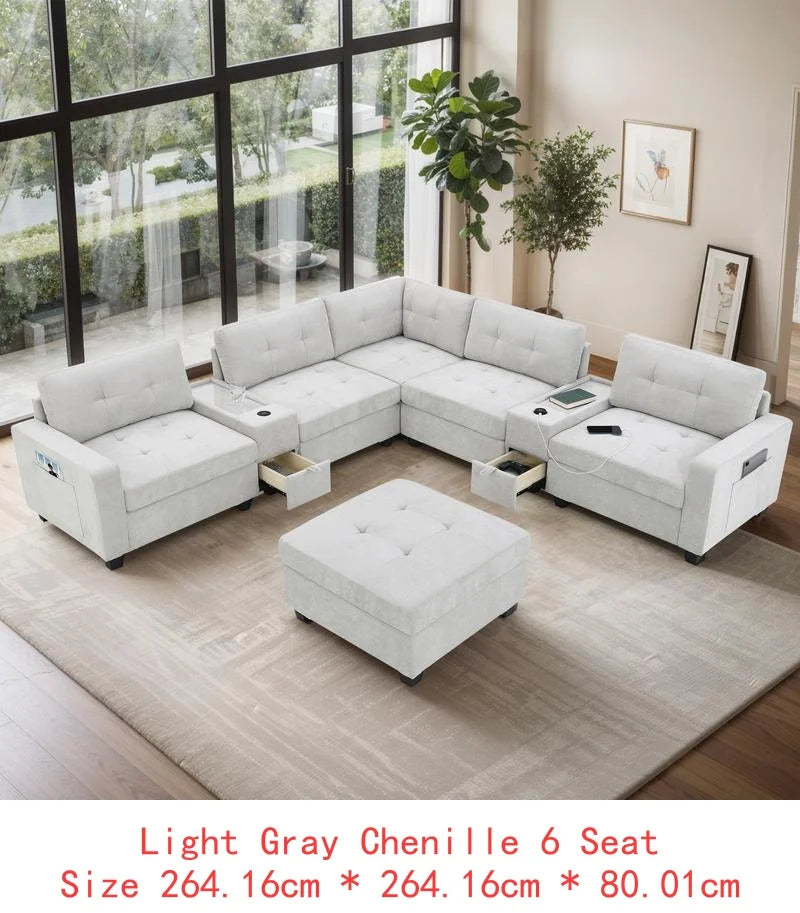 104" Sectional Sofa with Acrylic Tabletop, Chenille U-Shaped Couch Set, 2 Consoles, USB Charger, Storage Drawers, Pockets,