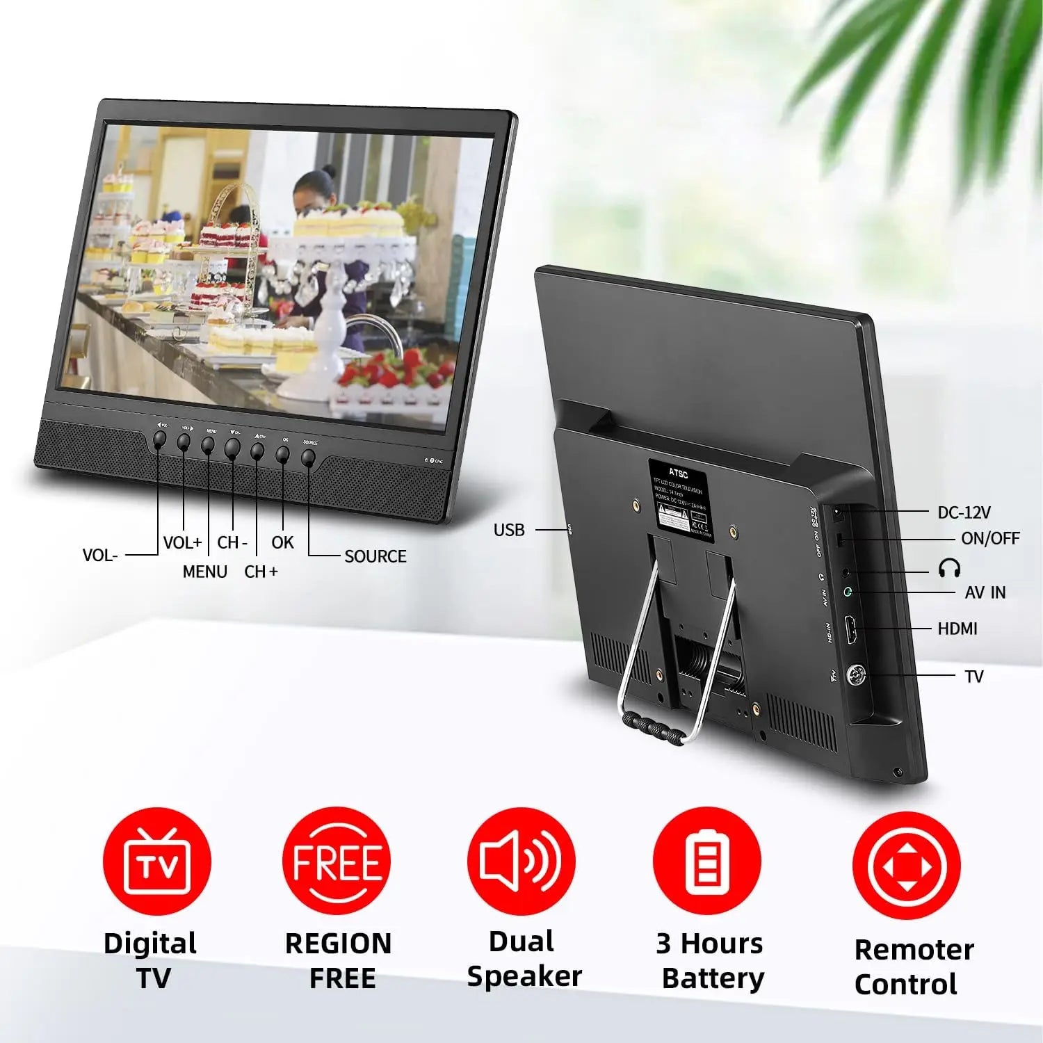 Othoig14'' Portable TV,Small TV with Batterys-HDMI,USB,AV Slot and 1 Antenna,Remote Control,12 car Cable/AC for RV car