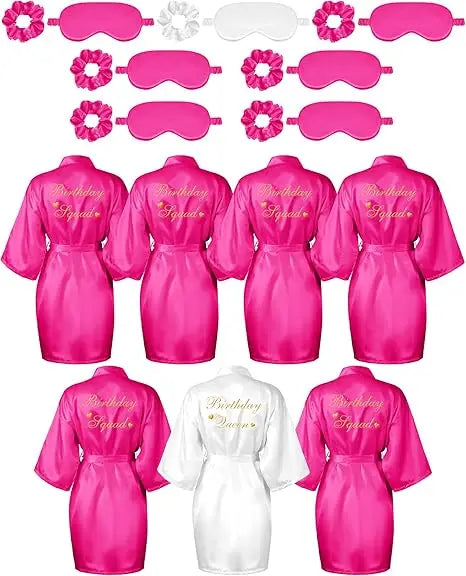 21 Pcs Women Birthday Party Robe Set Queen Squad Kimono Satin Bathrobes with Eye Mask and Scrunchie for Birthday