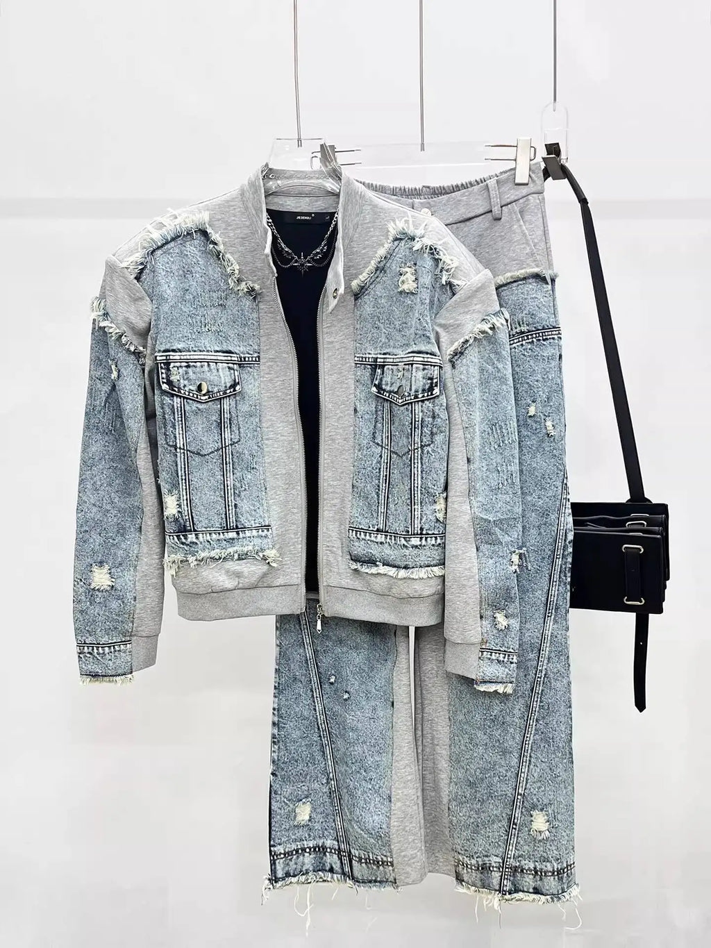 HKSH Spring Autumn New Men Trend Ripped Frayed Denim Patchwork Jacket Elastic Waist Wide-Leg Pants Fashion Two-Piece Set HK16899