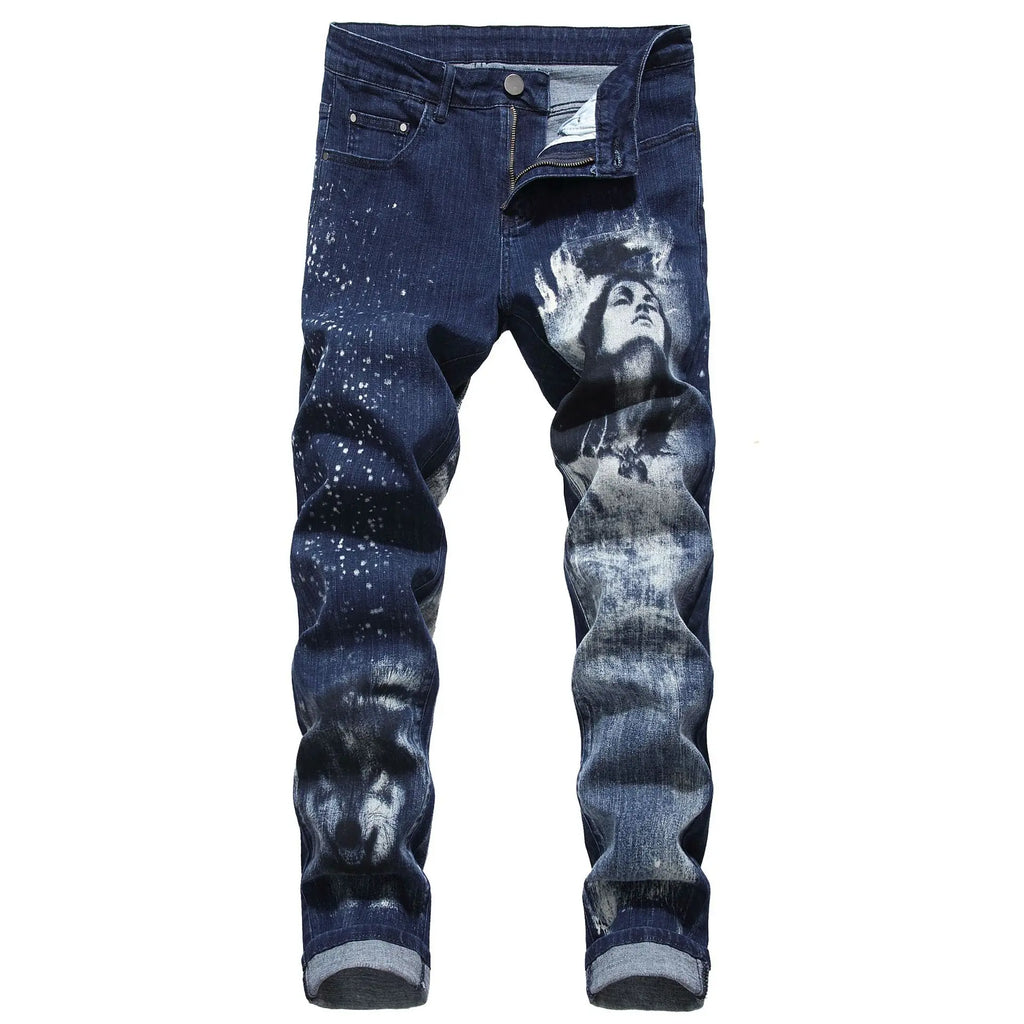 2026 Men's Blue 3D Printing Jeans, Black Wolf Pattern Printed Punk Straight Cotton Casual Print Denim Pants Asian Size 28-42