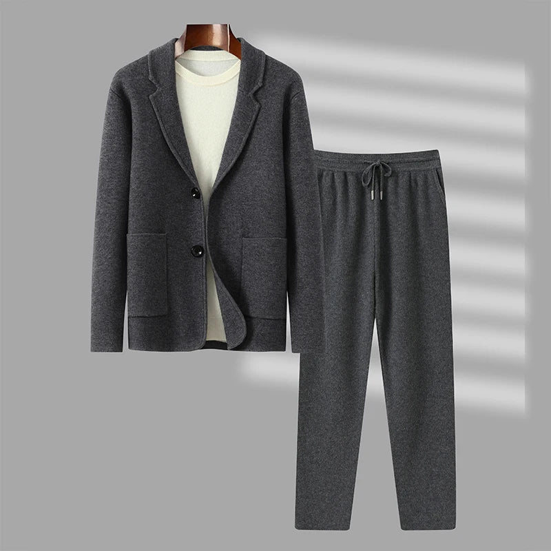 100%Cashmere Suit Men's Suit Collar Knitted Cardigan Business Casual Coat High Waisted Knitted Shorts Winter Thick Two-piece Set