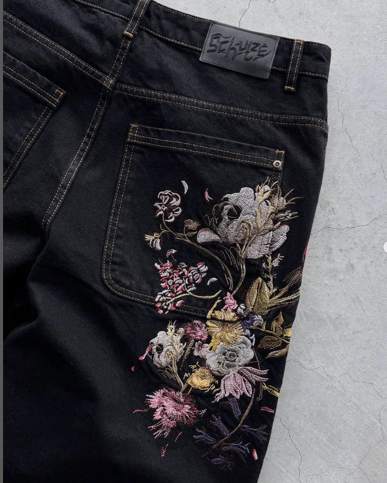 blossom embroidered pattern jeans Y2K loose men women zipper jeans wide leg pants Gothic Harajuku American style streetwear