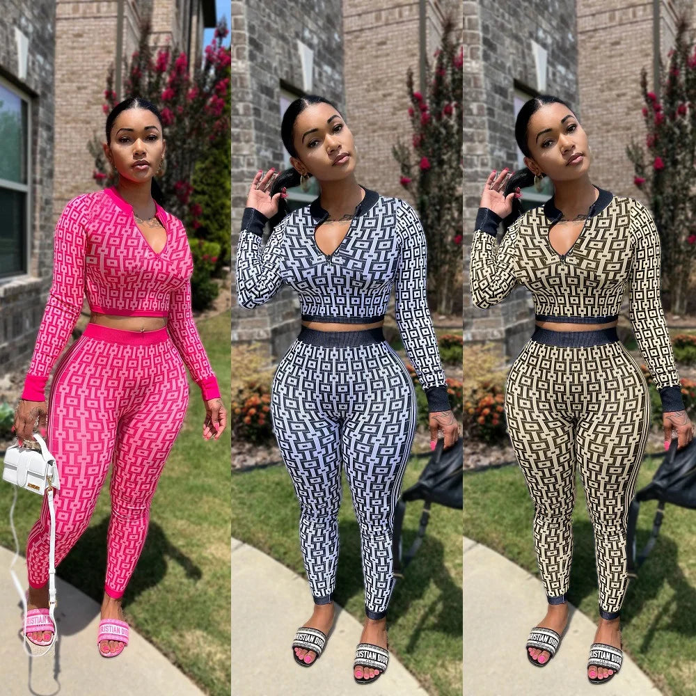 Autumn And Winter Women's Stretch Knitted Printed Women's Suit Long-sleeved Tight Sports Yoga Two-piece Set For Women