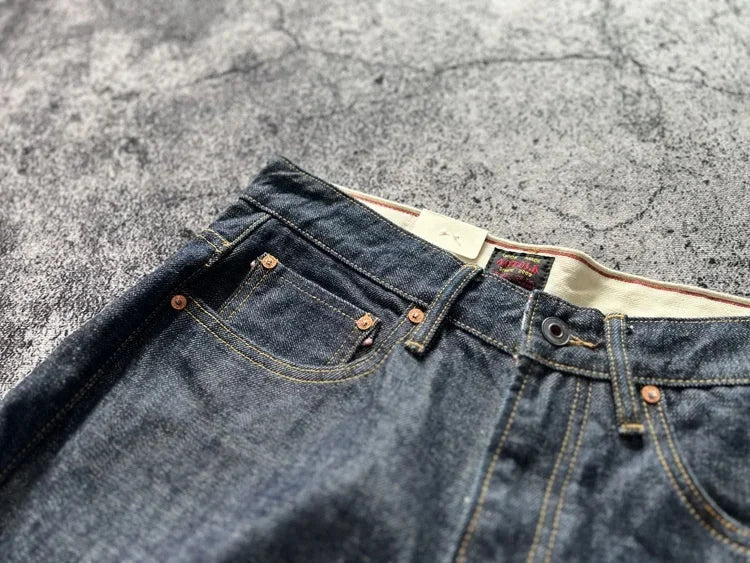 15oz Heavyweight Thick Selvedge Indigo Denim Jeans Sakura Ruffle 2025 Spring 100% Cotton Loose Straight Pants Japanese Men