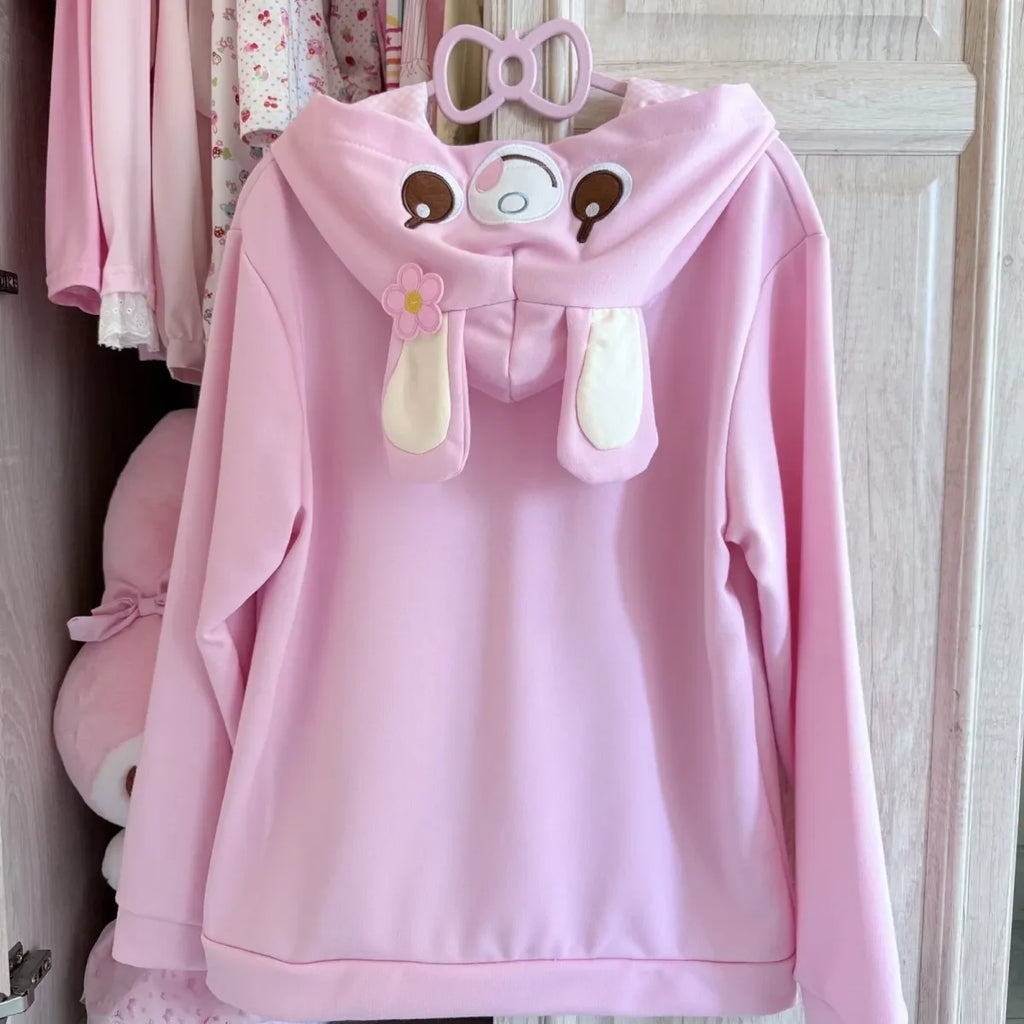 Japanese Cute Coat Embroidery Rabbit Ear Hooded Subculture Kawaii Y2k Tops Casual Fashion Sweet Coats Ropa Mujer Women Clothing