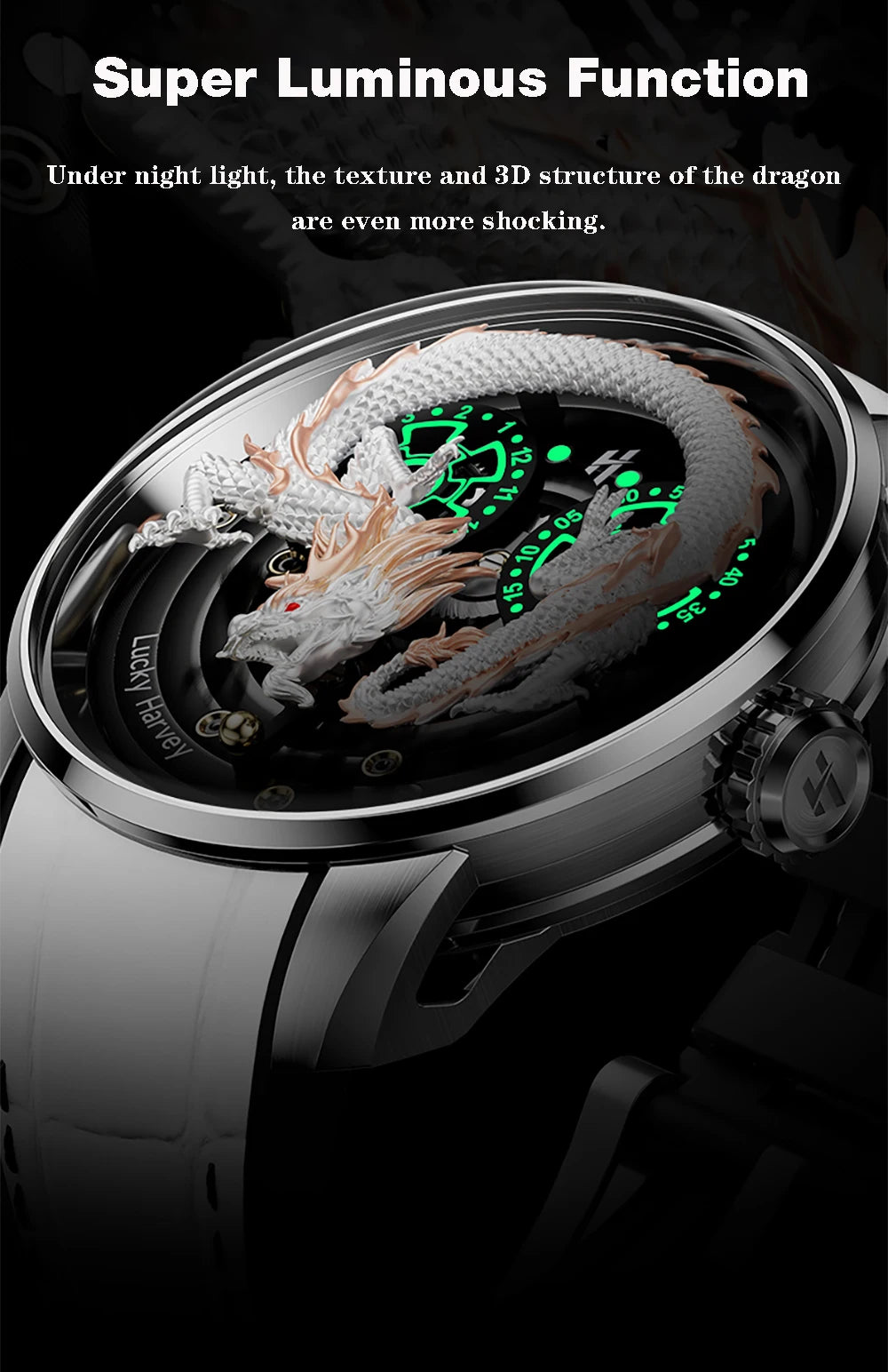Lucky Harvey Chinese 3D Engraving Dragon Dial Automatic Mechanical Watches for Men Sapphire Crystal Business Fashion Watch
