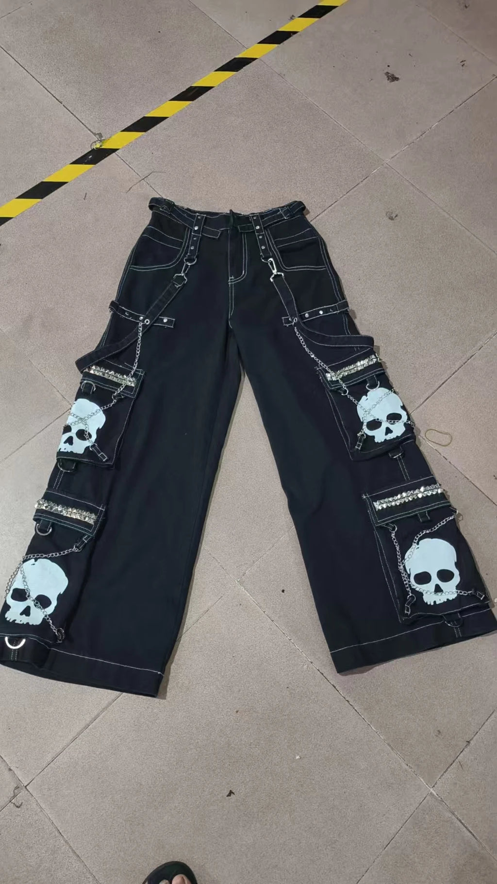 Street fashion chain brand Skull Bone Design jeans retro Harajuku style men's wide leg pants street rock multi-chain loose pants