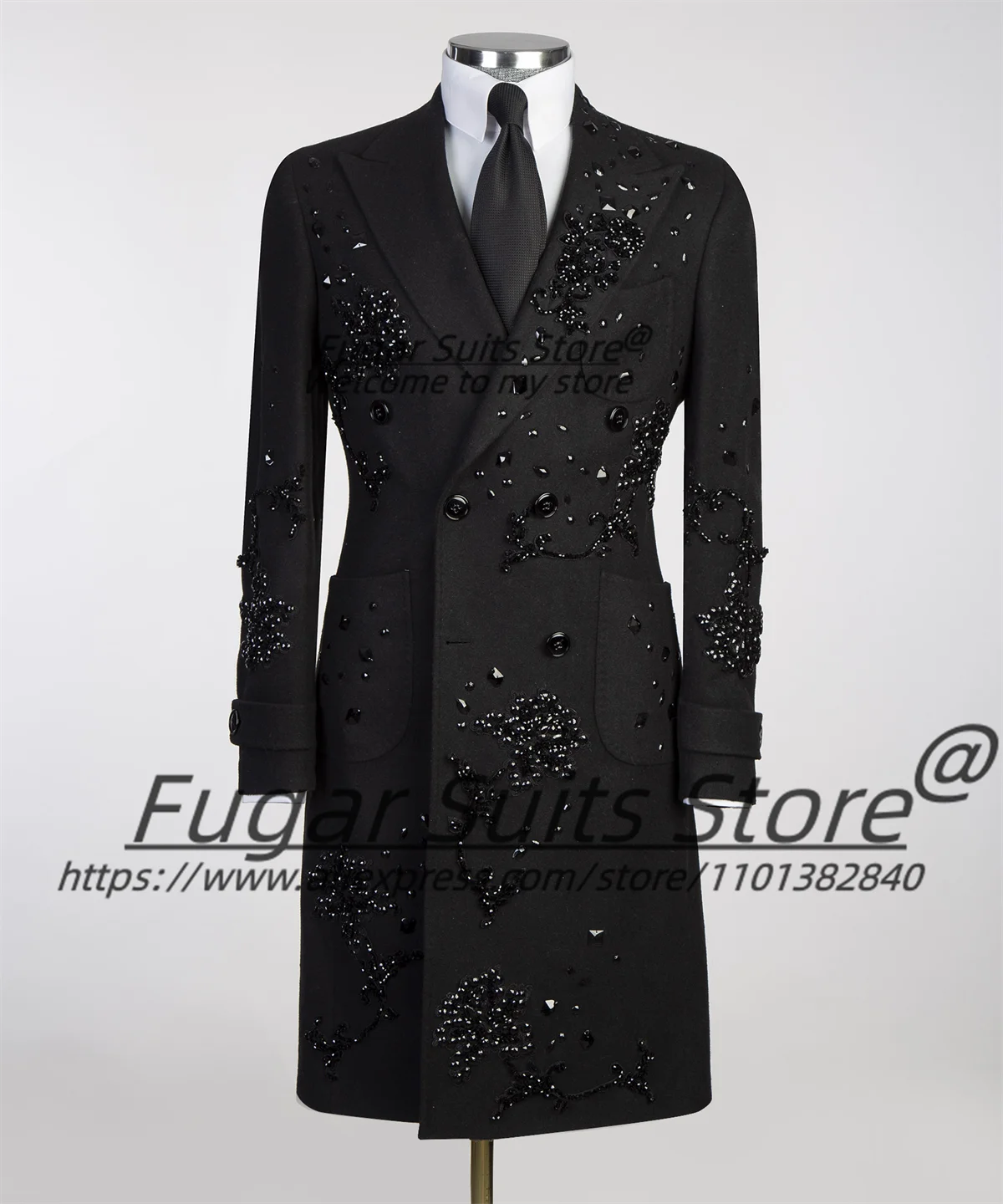 3D Beading Luxuly Long Male Blazers Slim Fit Peak Lapel Groom Wedding Tuxedos Business Men Suits 2 Pcs Fashion Costume Homme