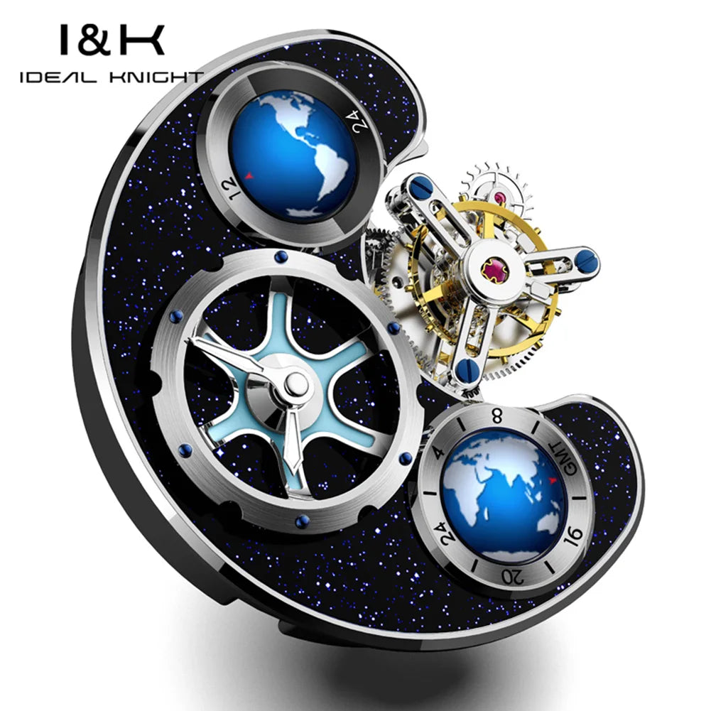 IDEAL KNIGHT Real Tourbillon Automatic Watches for Men 43mm Large Dial Blue Earth Series High-end Luxury Brand Mechanical Watch