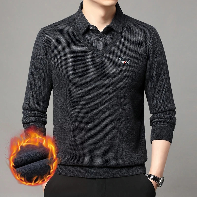 Hot Sales Cartoon Dog Embroid Men's Sweater Lapel Thicken Knit Pullover Winter Design Quality Fake Two Pieces Warm Men's Wear