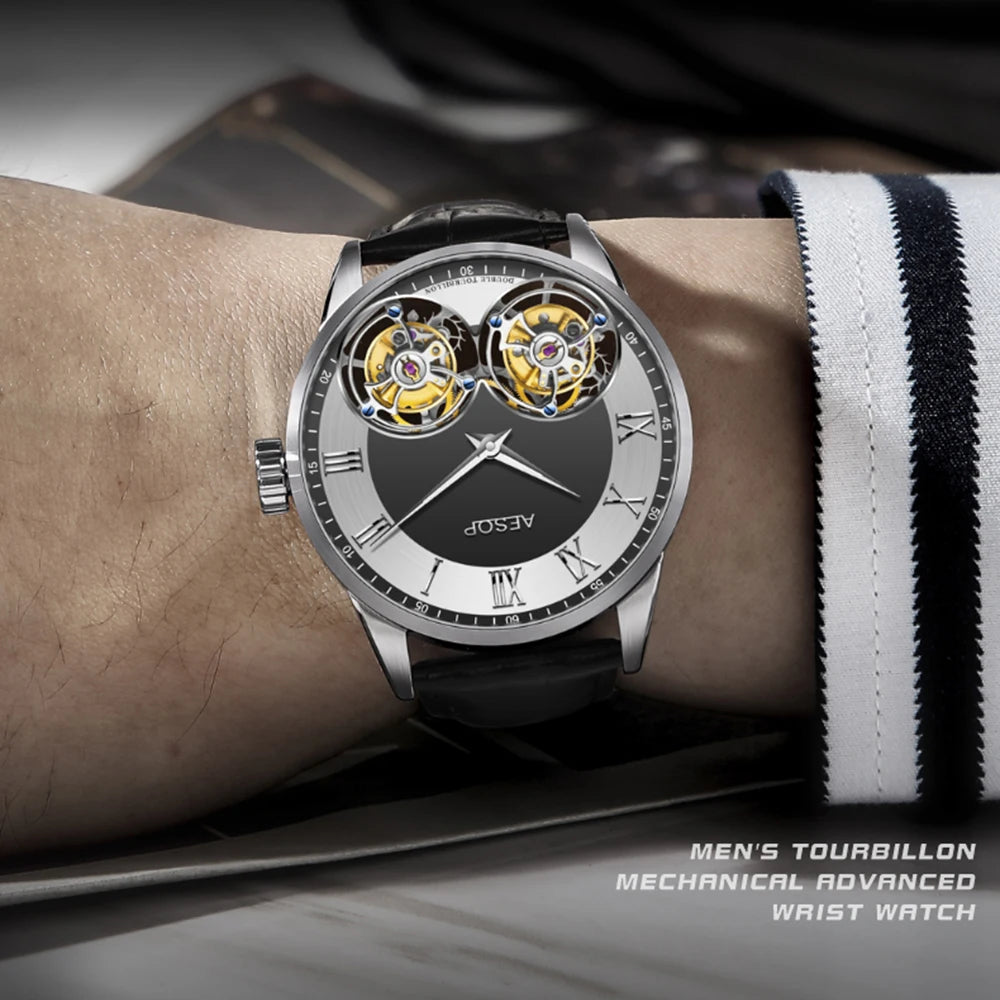 Aesop Men's Double Tourbillon Watch Hand Winding Movement Sapphire Business Fashion Male Mechanical Wristwatches Waterproof 2025