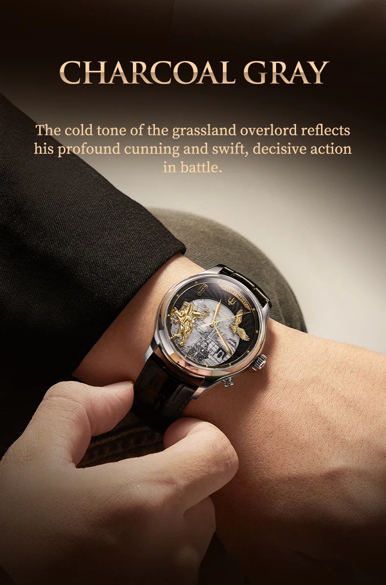 Lucky Harvey 3D Hero Genghis Khan Chiming Watches Guilloché Relief Dial Motion Movement Limited Automatic Mechanical Wristwatch